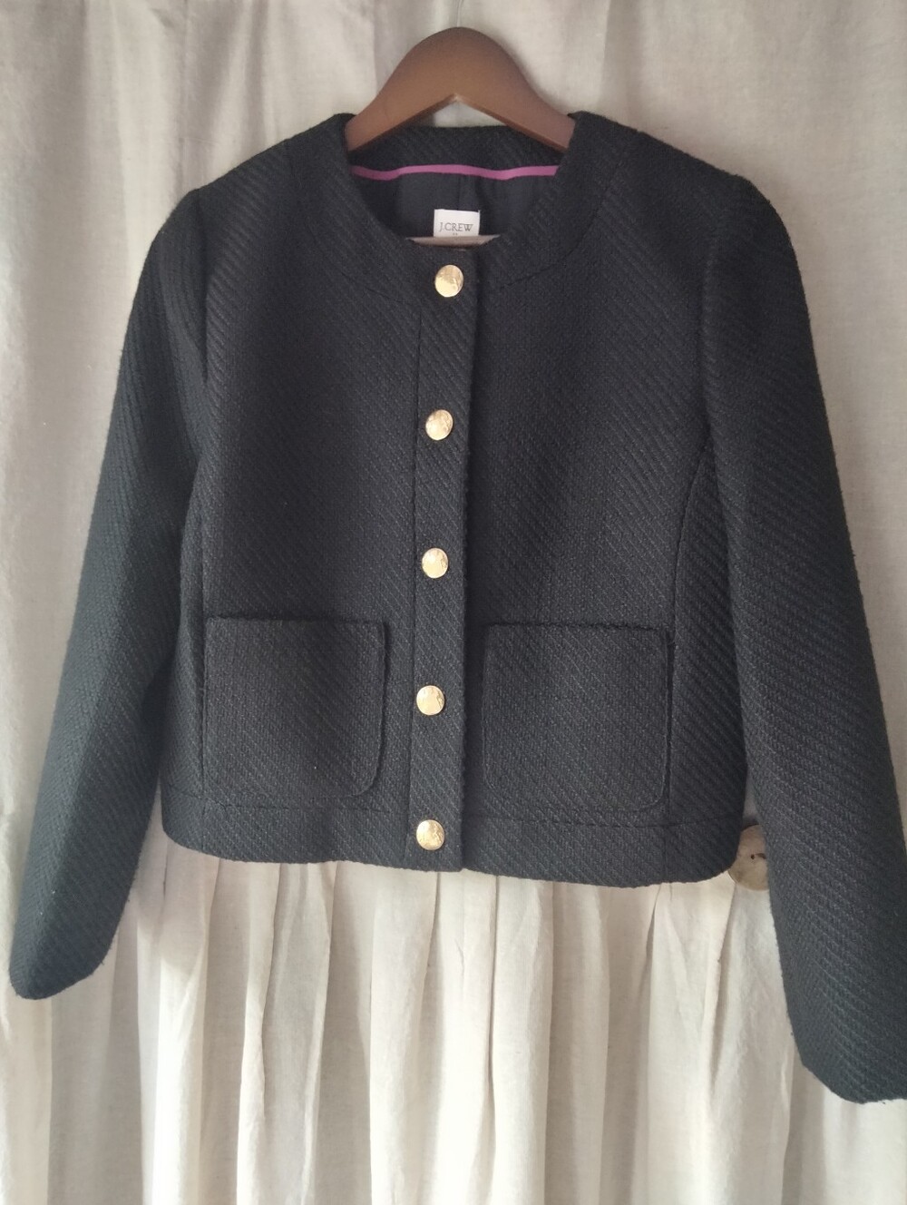 J. Crew Black Cropped Textured Jacket with Gold Buttons